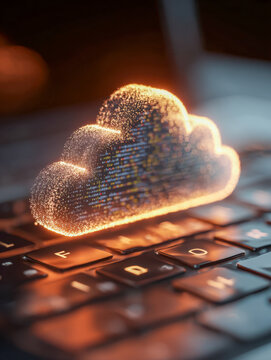 Glowing digital cloud icon composed of tiny particles hovering above a computer keyboard symbolizing data storage and advanced technology concepts