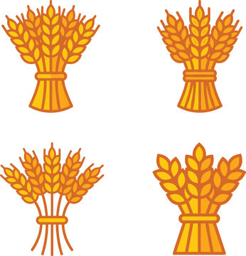 Four Distinct Sets Of Golden Wheat Sheaves Isolated On A Plain Background For Agricultural Design