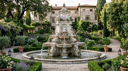 Obraz premium luxury landscape design, a luxurious classical fountain with flowing water in an elegant garden