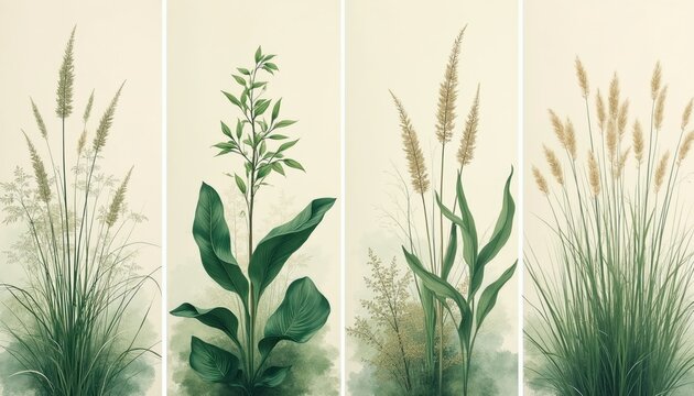 Illustration shows four vertical panels of diverse plant types. Tall grasses with feathery tops, large green leaves prominent. Soft natural light illuminates botanical subjects in calming