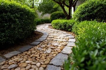 Obraz premium Serene winding pebble stone pathway bordered by neatly trimmed green bushes creating a peaceful and inviting garden walkway on a sunny day