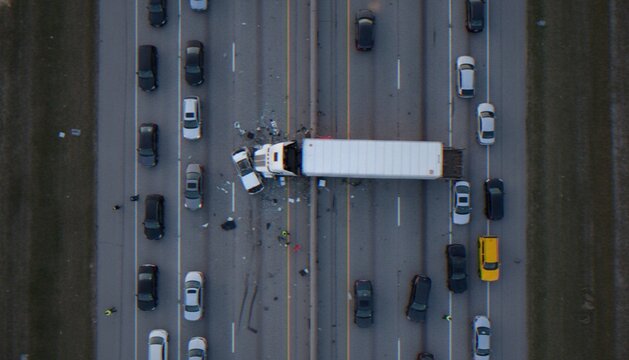 An aerial view of a major highway accident involving a jackknifed semi-truck causing a significant traffic jam on a multi-lane road.