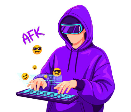 Vector illustration of a hooded gamer wearing VR goggles while typing on a digital keyboard with floating emojis.