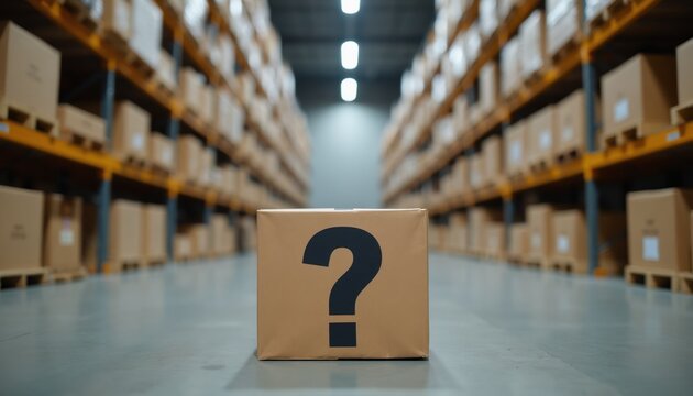 Cardboard box marked with question mark sits in warehouse aisle between shelves. Represents delivery confusion, missing parcel, logistics uncertainty, or supply chain issues.
