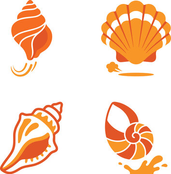 Set Of Four Orange Seashell Illustrations With Nautical Symbols Isolated On A White Background