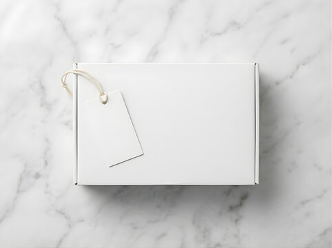 White cardboard box with blank paper price tag on marble surface for branding mockup packaging shipping delivery retail