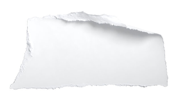 Isolated white torn paper scrap with curled edge for collage, overlay, note texture