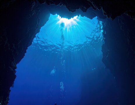 Scuba diver ascending through an underwater sea cave with sunlight streaming through the surface opening, illuminated blue water, ascending air bubbles, dark rocks.