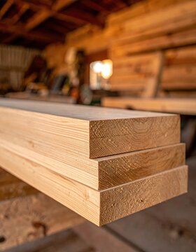 Stack of raw pine lumber boards in a carpentry workshop. Sawn wooden planks with visible grain, textured ends, carpentry materials, woodworking construction.