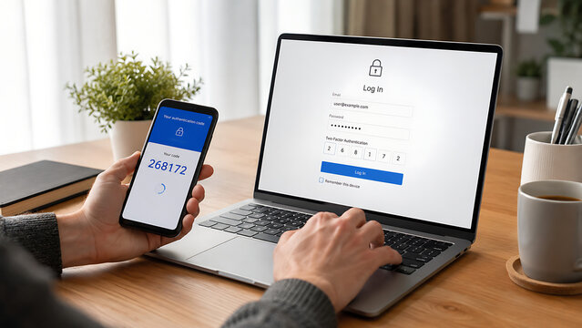 Two Factor Authentication Login Screen on Laptop with Mobile Phone Showing OTP Code for Account Security