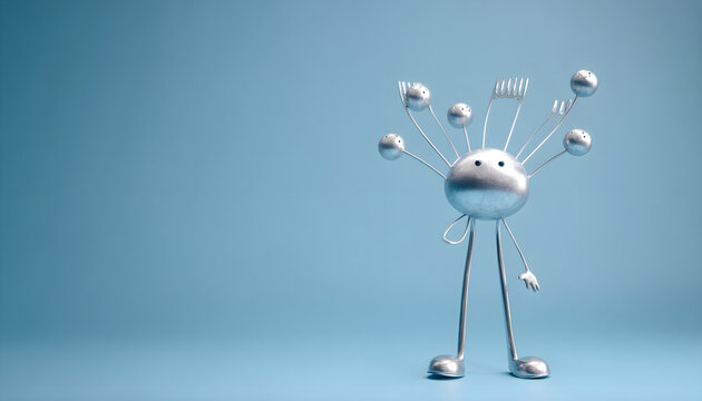 Silver fork character with round ball feet stands upright, showcasing a playful design against a soft blue background in a whimsical, artistic representation
