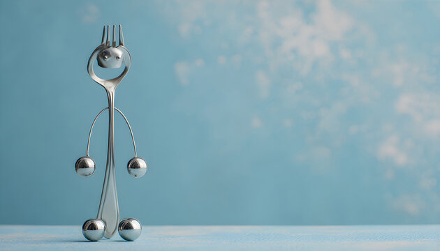 Silver fork character with round ball feet stands upright, showcasing a playful design against a soft blue background in a whimsical, artistic representation