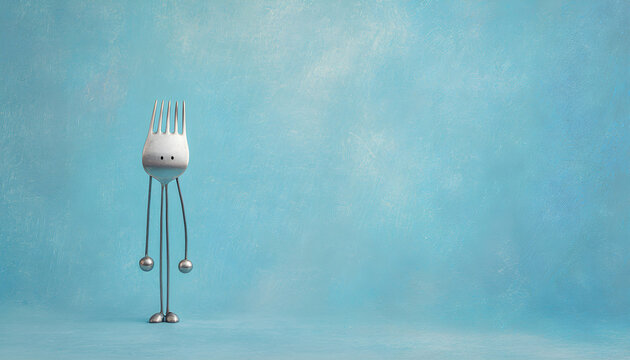 Silver fork character with round ball feet stands upright, showcasing a playful design against a soft blue background in a whimsical, artistic representation