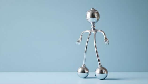 Silver fork character with round ball feet stands upright, showcasing a playful design against a soft blue background in a whimsical, artistic representation