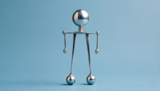 Silver fork character with round ball feet stands upright, showcasing a playful design against a soft blue background in a whimsical, artistic representation