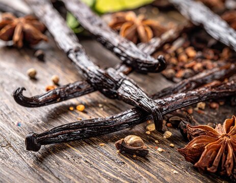 Vanilla beans and star anise spices on dark rustic wooden table. Dried fragrant condiments, gourmet culinary ingredients for baking, cooking, and flavorings.