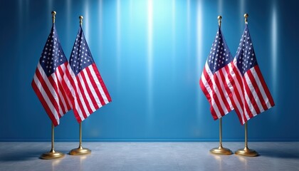 Four American flags stand on golden poles against vibrant blue gradient backdrop. Two flags positioned on left, two on right side, creating symmetrical display. Flags ripple slightly, suggesting