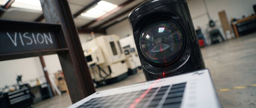 3D scanner machine vision camera calibrating with red laser on grid target plate inside industrial manufacturing workshop and CNC machining factory for automated robotic quality control inspections.