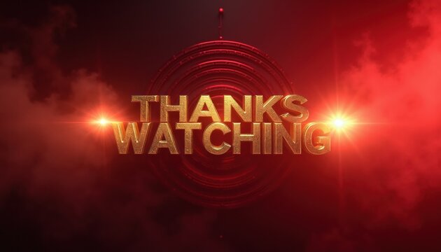 Golden 3D text says Thanks for Watching over red smoky background. Dramatic light flare effect illuminates the screen. Perfect for video end cards and outro sequences.