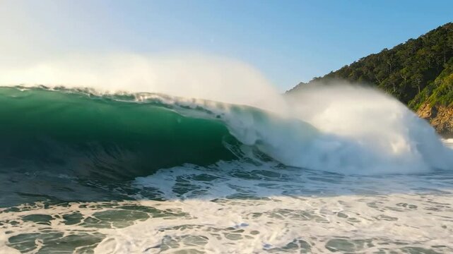 Powerful crashing ocean wave at tropical beach coastline, sea swell breaking with sea spray and sunlight, cinematic coastal nature background