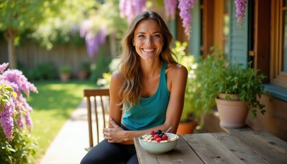 Naklejka premium Smiling woman eats oatmeal with berries and banana on wooden table outside. She wears teal tank top and black leggings. Relaxing summer day in garden with purple flowers.