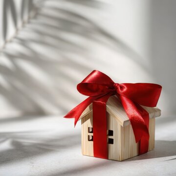 A miniature wooden house wrapped with a vibrant red satin ribbon and bow symbolizing a gift or celebration in soft natural light and shadow patterns