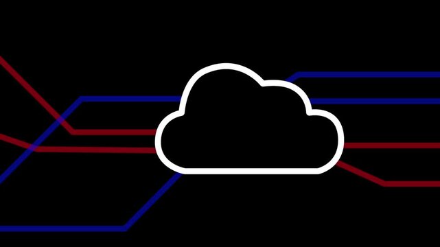 Animated glowing cloud computing icon with red and blue data lines on a black background. Ideal for cybersecurity and dark mode tech concepts.