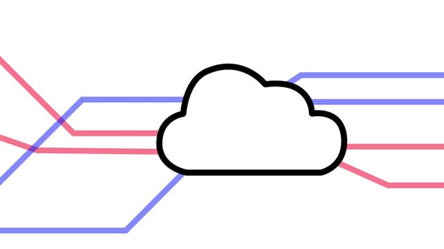 Animated cloud computing icon with red and blue data lines flowing on a white background. Perfect for tech and networking themes.