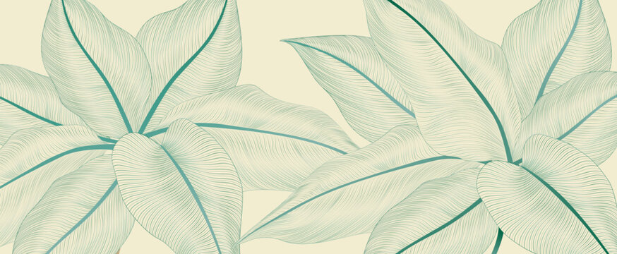 Art background with exotic plant leaves in green and blue, in a line art style. Botanical banner for wallpaper, packaging, prints, textiles, interior design, and posters.