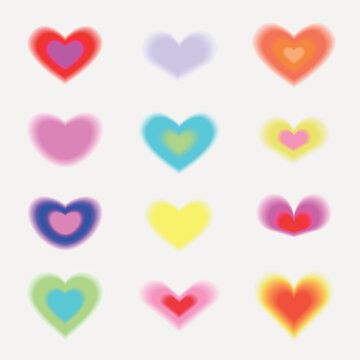 Vector of colorful, blurred heart shapes in various styles and hues.