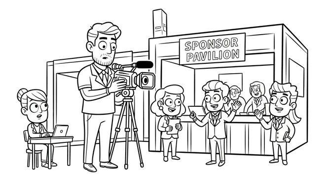 Cartoon filmmaker recording interview with enthusiastic participants.