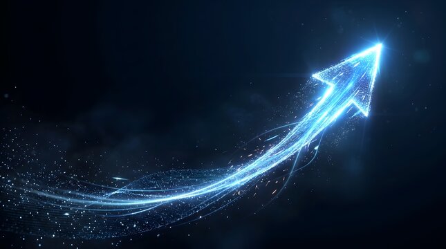 Futuristic glowing blue upward arrow with particle trails moving forward representing business growth financial success and technological progress
