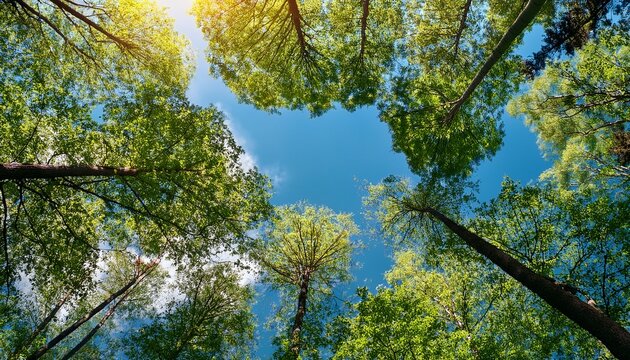 Trees In Forest From Below Green Tops Of Trees Blue Sky Background
