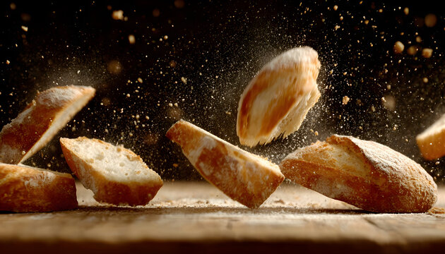 Super slow motion pieces of fresh bread fall on the table. On a wooden background