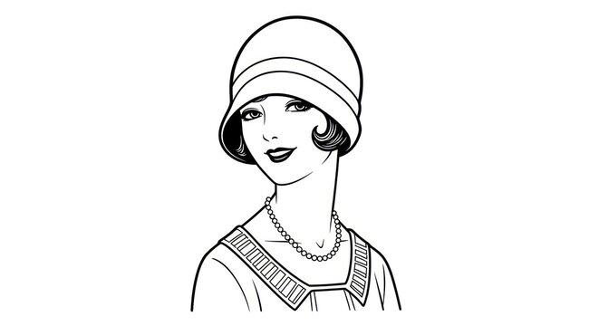 Elegant 1920s Flapper Woman Wearing a Cloche Hat and Pearl Necklace.