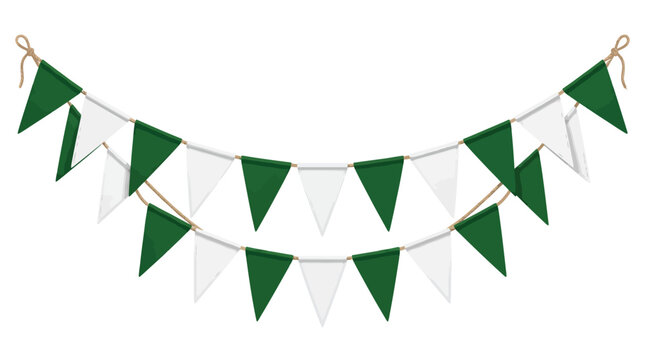 Hanging festive triangular bunting flags with dark green and white fabric isolated on white background