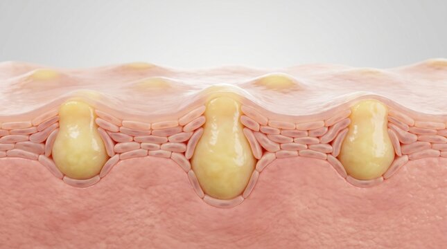 A close-up 3D medical illustration showing subcutaneous fat cells beneath the human skin layers.