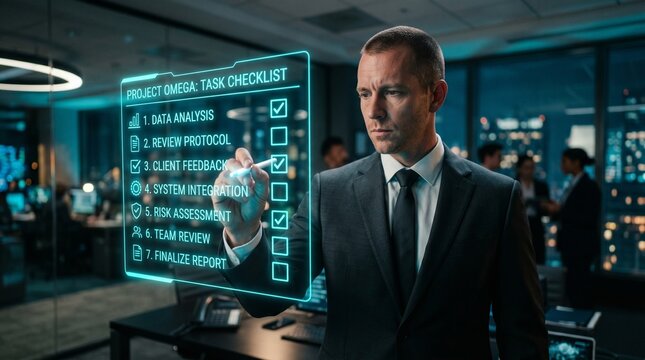 Business professional using digital checklist interface with checkmark icons, representing task completion, quality control, workflow management, and process verification