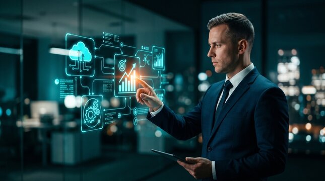 Business professional using tablet and touching virtual digital transformation workflow interface with growth chart target icon automation data analytics and connected process in modern office