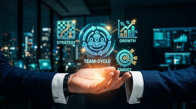 Change management strategy concept with business professional presenting digital team interface, organizational transformation process, leadership alignment and workforce transition planning