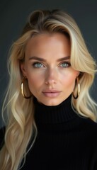 Naklejka premium Close-up portrait blonde woman with blue eyes, wearing black sweater. Golden hoop earrings adorn ears. Warm makeup highlights facial features. Soft lighting creates gentle shadows on fair skin.