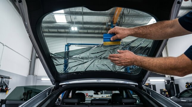 Professional car window tinting installation with squeegee and film