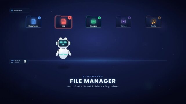 AI robot assistant automatically sorts and organizes files in smart file manager app animation