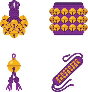 Pixel Art Illustration Of Traditional Japanese Purple And Gold Bell Charms And Ornaments