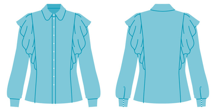 Blue fitted shirt with layered ruffle sleeves, long sleeves and button front closure with structured seams. Technical fashion illustration in flat color, front and back views, clothing design. Vector