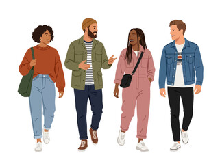 Fototapeta premium A diverse group of four young adults walking and talking together in casual clothing.