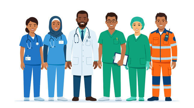 Diverse Medical Team and Healthcare Professionals Flat Vector Illustration
