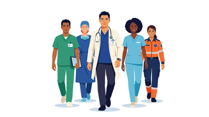 Obraz premium Diverse Medical Team of Healthcare Professionals Walking Forward Vector Illustration