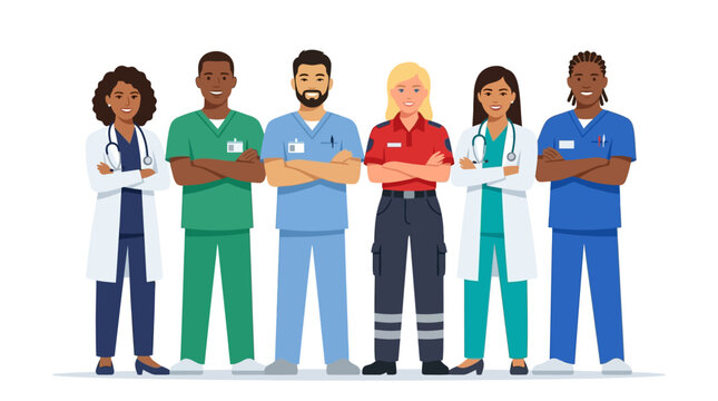 Diverse medical team of doctors, nurses, and paramedics in uniform standing together