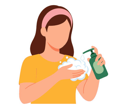 Vector graphic of a woman sanitizing hands with soapy foam from a bottle.